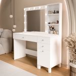 Monroe Makyaj Masası 3 Çekmeceli Kapaklı Düzenleyici Hollywood Led Işıklı Raflı Beyaz MO6-W