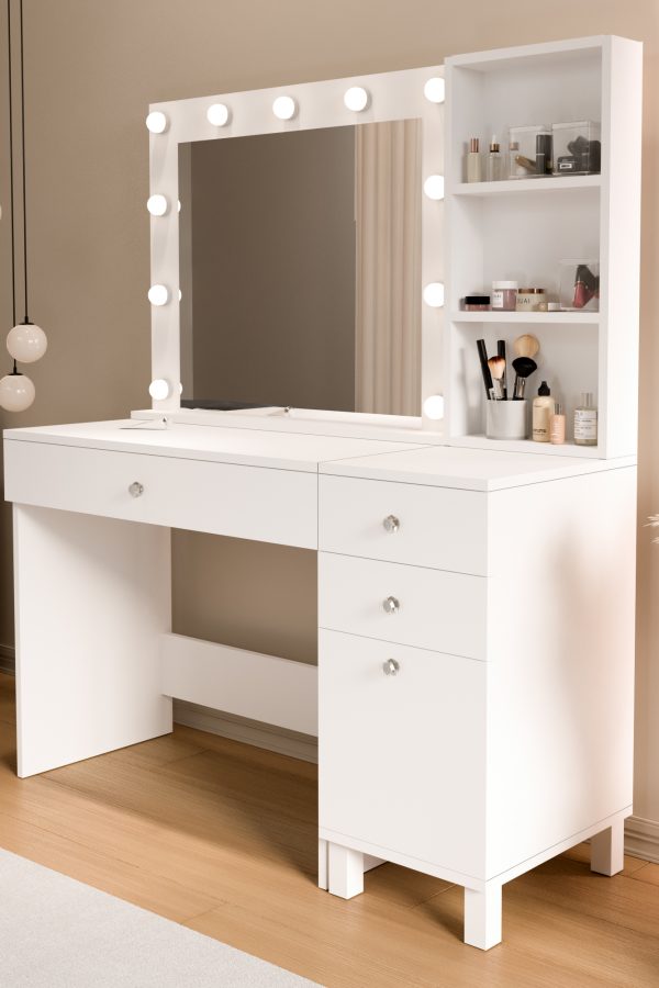 Monroe Makyaj Masası 3 Çekmeceli Kapaklı Düzenleyici Hollywood Led Işıklı Raflı Beyaz MO6-W