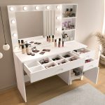 Monroe Makyaj Masası 3 Çekmeceli Kapaklı Düzenleyici Hollywood Led Işıklı Raflı Beyaz MO6-W