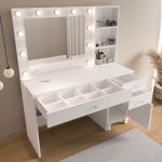 Monroe Makyaj Masası 3 Çekmeceli Kapaklı Düzenleyici Hollywood Led Işıklı Raflı Beyaz MO6-W