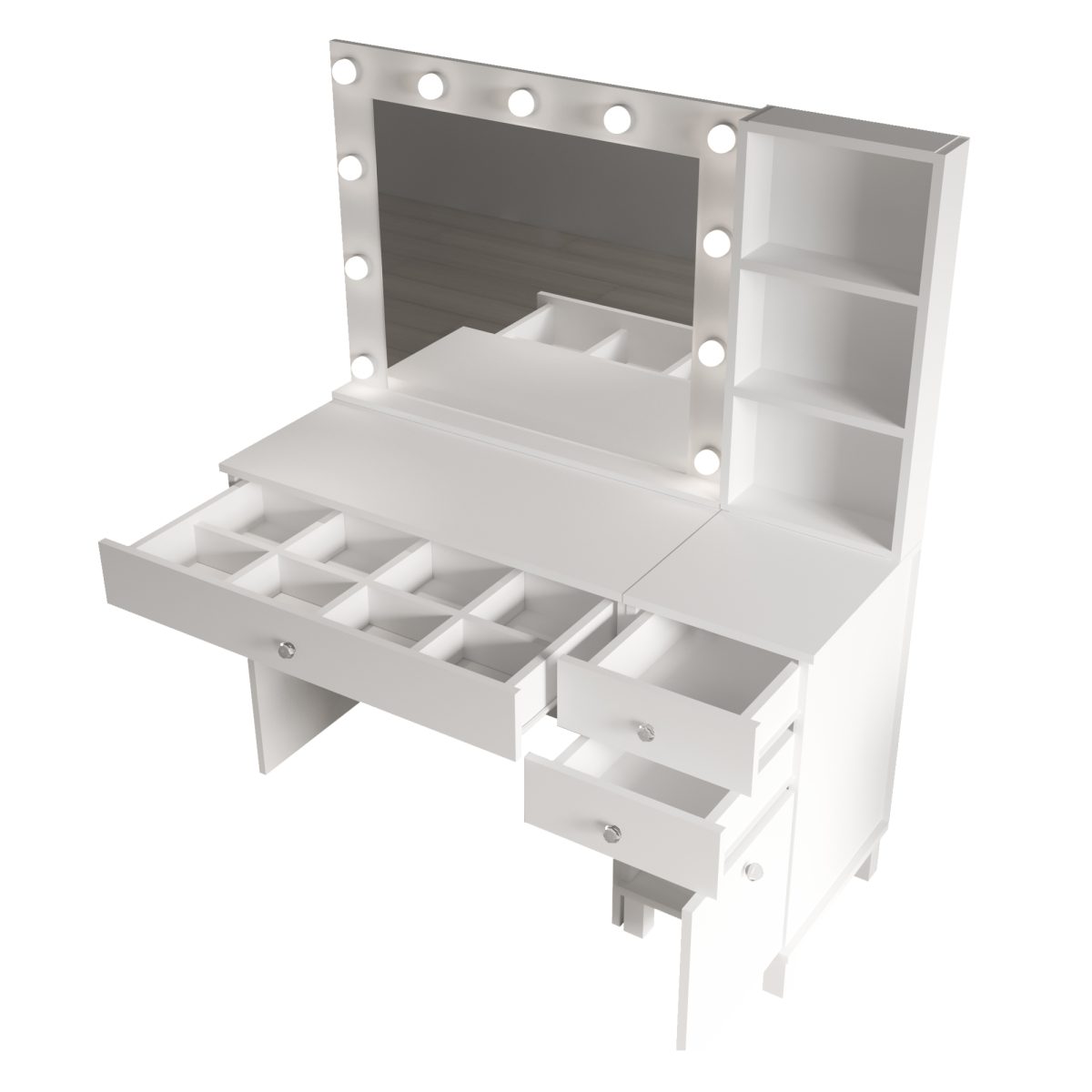 Monroe Makyaj Masası 3 Çekmeceli Kapaklı Düzenleyici Hollywood Led Işıklı Raflı Beyaz MO6-W