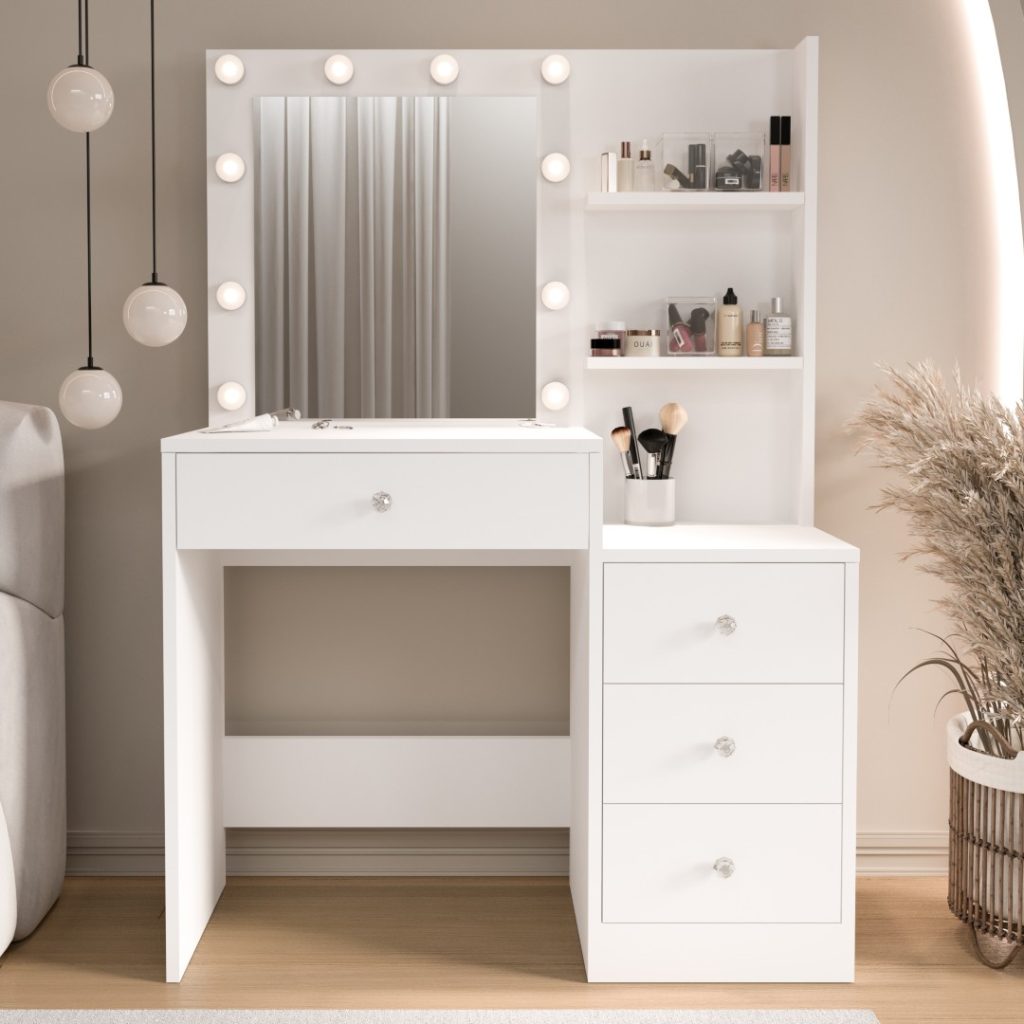 Monroe Makyaj Masası 4 Çekmeceli Düzenleyici Hollywood Led Işıklı Raflı Beyaz MO2-W