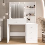 Monroe Makyaj Masası 4 Çekmeceli Düzenleyici Hollywood Led Işıklı Raflı Beyaz MO2-W