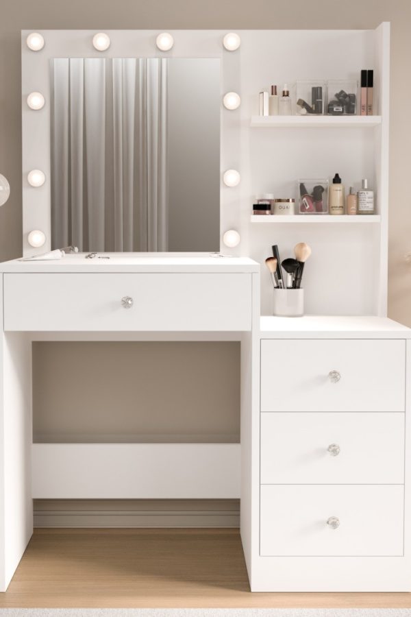 Monroe Makyaj Masası 4 Çekmeceli Düzenleyici Hollywood Led Işıklı Raflı Beyaz MO2-W