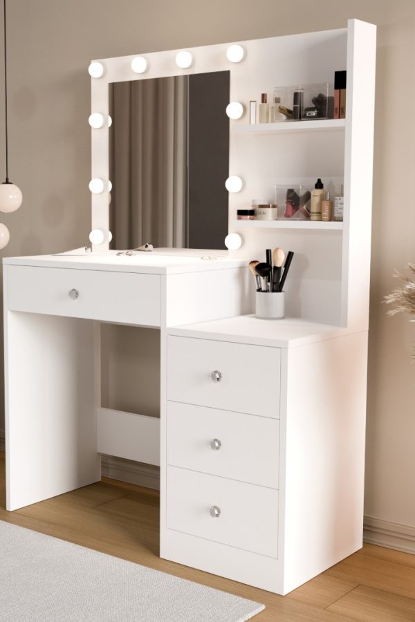 Monroe Makyaj Masası 4 Çekmeceli Düzenleyici Hollywood Led Işıklı Raflı Beyaz MO2-W