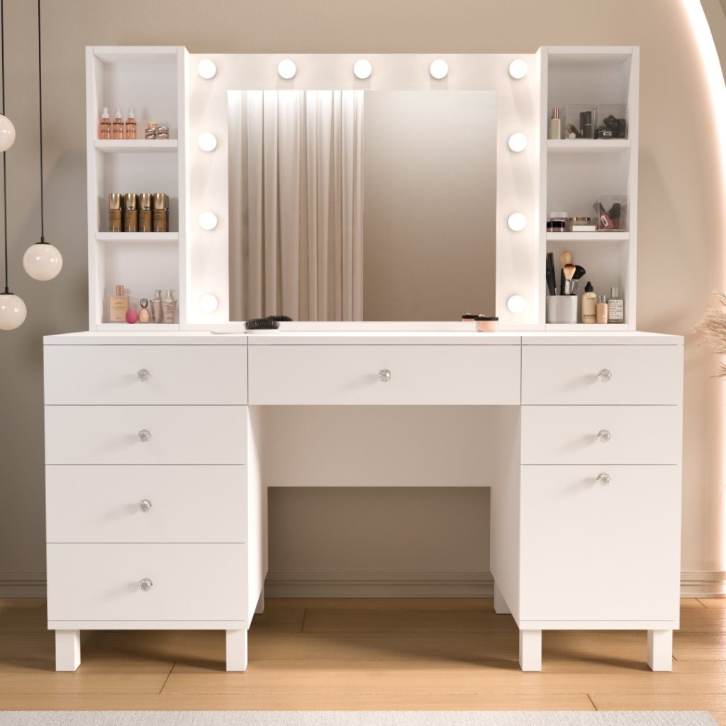 Monroe Makyaj Masası 7 Çekmeceli Kapaklı Düzenleyici Hollywood Led Işıklı Raflı Beyaz MO5-W
