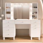 Monroe Makyaj Masası 7 Çekmeceli Kapaklı Düzenleyici Hollywood Led Işıklı Raflı Beyaz MO5-W