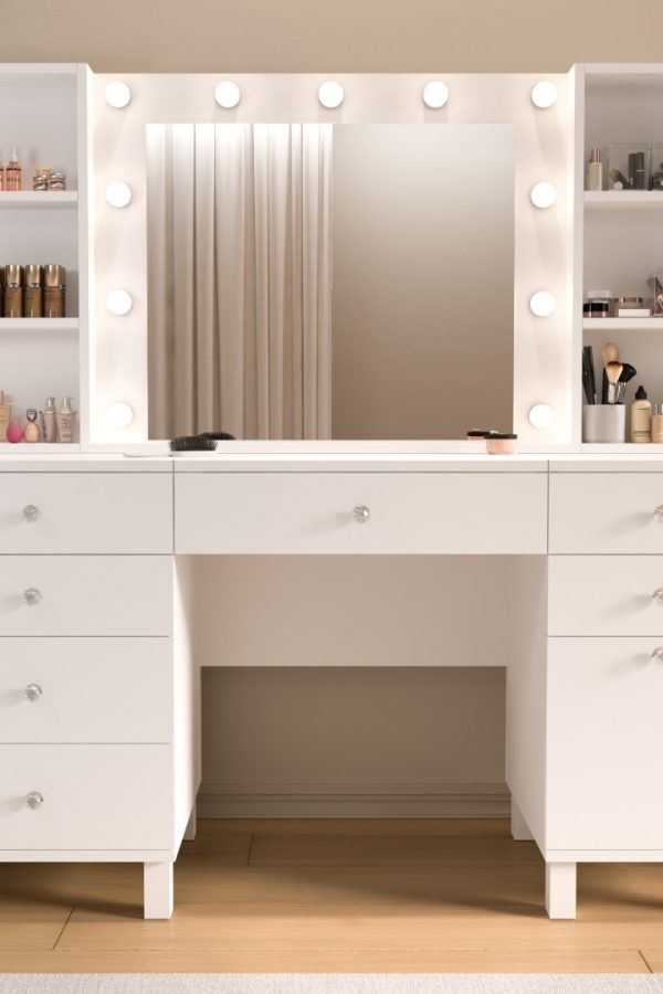 Monroe Makyaj Masası 7 Çekmece Kapaklı Düzenleyici Hollywood Led Işıklı Raflı Beyaz MO5-W
