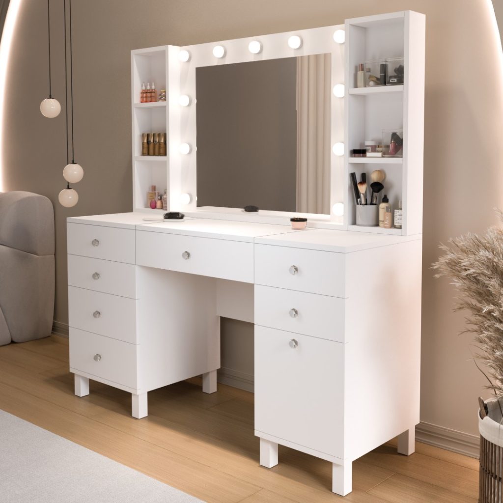 Monroe Makyaj Masası 7 Çekmeceli Kapaklı Düzenleyici Hollywood Led Işıklı Raflı Beyaz MO5-W