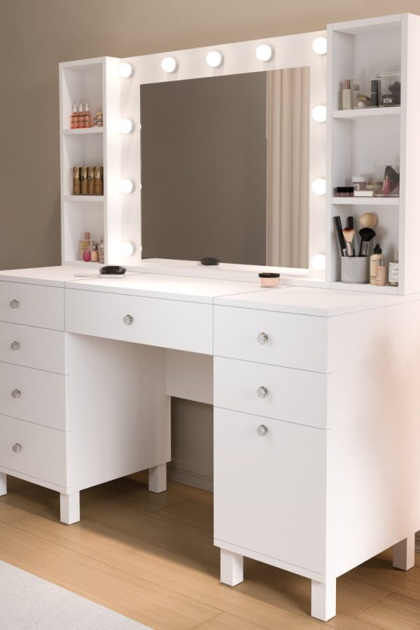 Monroe Makyaj Masası 7 Çekmeceli Kapaklı Düzenleyici Hollywood Led Işıklı Raflı Beyaz MO5-W