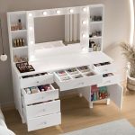 Monroe Makyaj Masası 7 Çekmeceli Kapaklı Düzenleyici Hollywood Led Işıklı Raflı Beyaz MO5-W