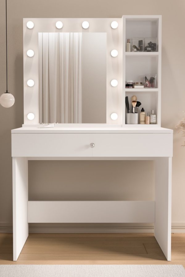 Monroe Makyaj Masası Çekmeceli Düzenleyici Hollywood Led Işıklı Raflı Beyaz MO3-W