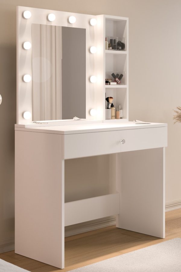 Monroe Makyaj Masası Çekmeceli Düzenleyici Hollywood Led Işıklı Raflı Beyaz MO3-W