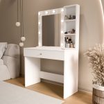 Monroe Makyaj Masası Çekmeceli Düzenleyici Hollywood Led Işıklı Raflı Beyaz MO3-W