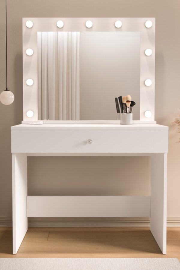 Monroe Makyaj Masası Çekmeceli Düzenleyici Hollywood Led Işıklı Raflı Beyaz MO4-W