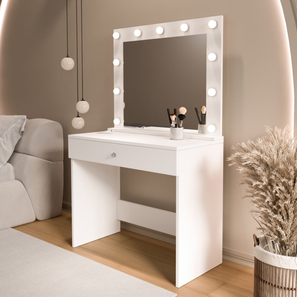 Monroe Makyaj Masası Çekmeceli Düzenleyici Hollywood Led Işıklı Raflı Beyaz MO4-W