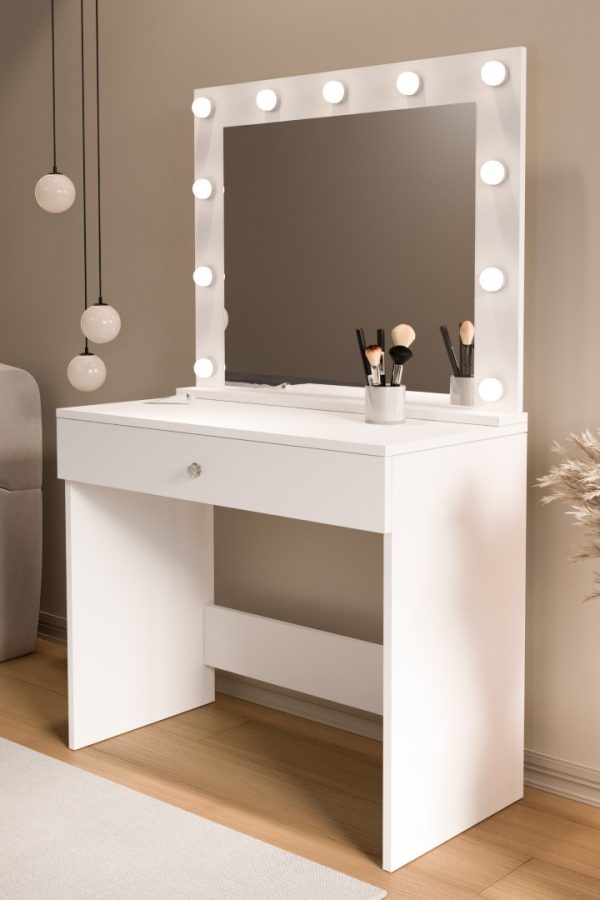 Monroe Makyaj Masası Çekmeceli Düzenleyici Hollywood Led Işıklı Raflı Beyaz MO4-W