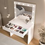 Monroe Makyaj Masası Çekmeceli Düzenleyici Hollywood Led Işıklı Raflı Beyaz MO4-W