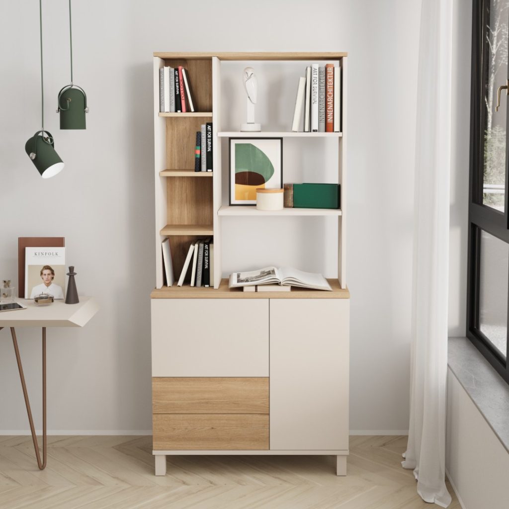 Mood Kitaplık Raf Ahşap Ayaklı 188cm 2 Kapaklı 2 Çekmeceli Kumsal-Sepet MD6-CS