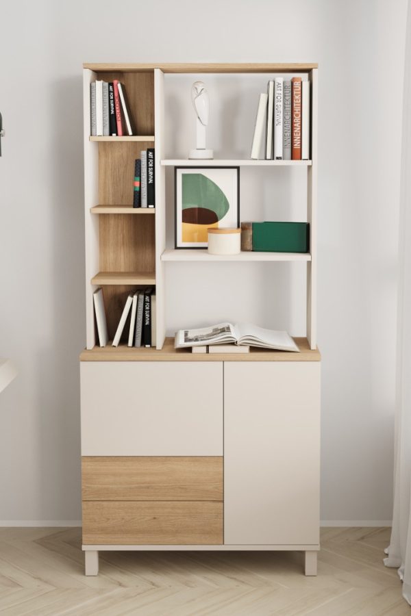 Mood Kitaplık Raf Ahşap Ayaklı 188cm 2 Kapaklı 2 Çekmeceli Kumsal-Sepet MD6-CS