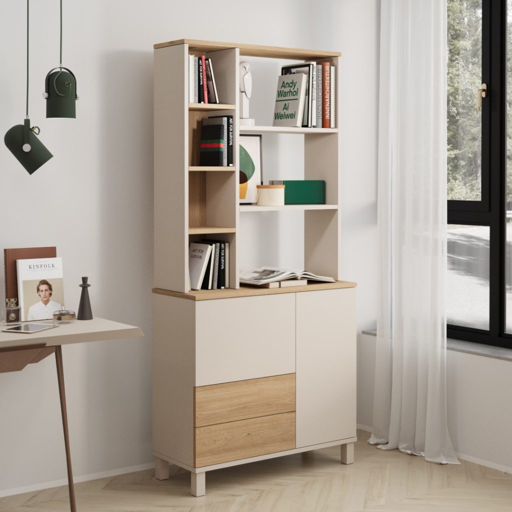 Mood Kitaplık Raf Ahşap Ayaklı 188cm 2 Kapaklı 2 Çekmeceli Kumsal-Sepet MD6-CS