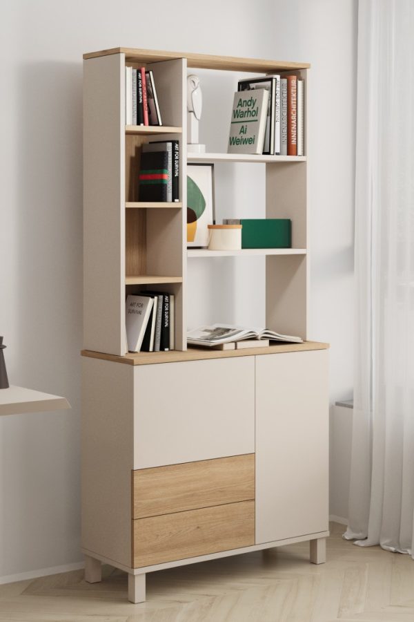 Mood Kitaplık Raf Ahşap Ayaklı 188cm 2 Kapaklı 2 Çekmeceli Kumsal-Sepet MD6-CS