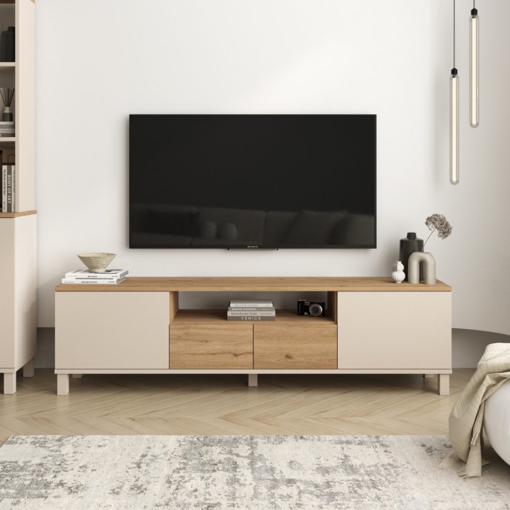 Mood Tv Ünitesi Sehpası 2 Kapaklı 2 Çekmeceli Ahşap Ayaklı 180cm Kumsal-Sepet MD1-CS