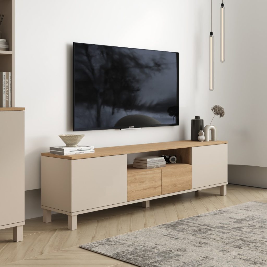 Mood Tv Ünitesi Sehpası 2 Kapaklı 2 Çekmeceli Ahşap Ayaklı 180cm Kumsal-Sepet MD1-CS