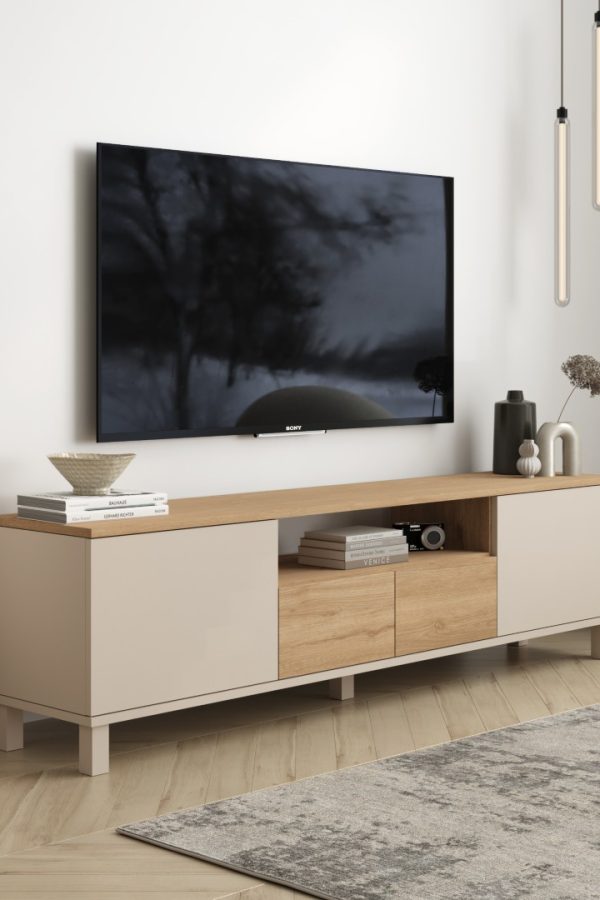 Mood Tv Ünitesi Sehpası 2 Kapaklı 2 Çekmeceli Ahşap Ayaklı 180cm Kumsal-Sepet MD1-CS