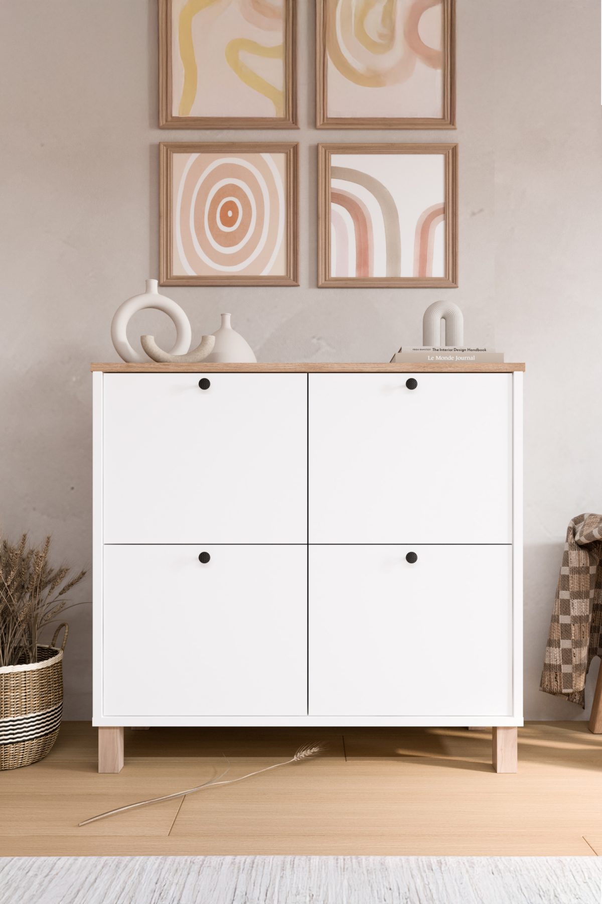 Nord Ayakkabılık Çok Amaçlı Dolap 4 Kapaklı Ahşap Ayaklı Sepet-Beyaz ND1-SW