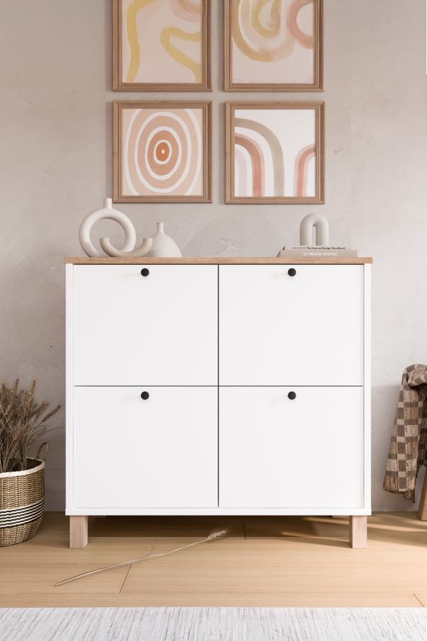 Nord Ayakkabılık Çok Amaçlı Dolap 4 Kapaklı Ahşap Ayaklı Sepet-Beyaz ND1-SW