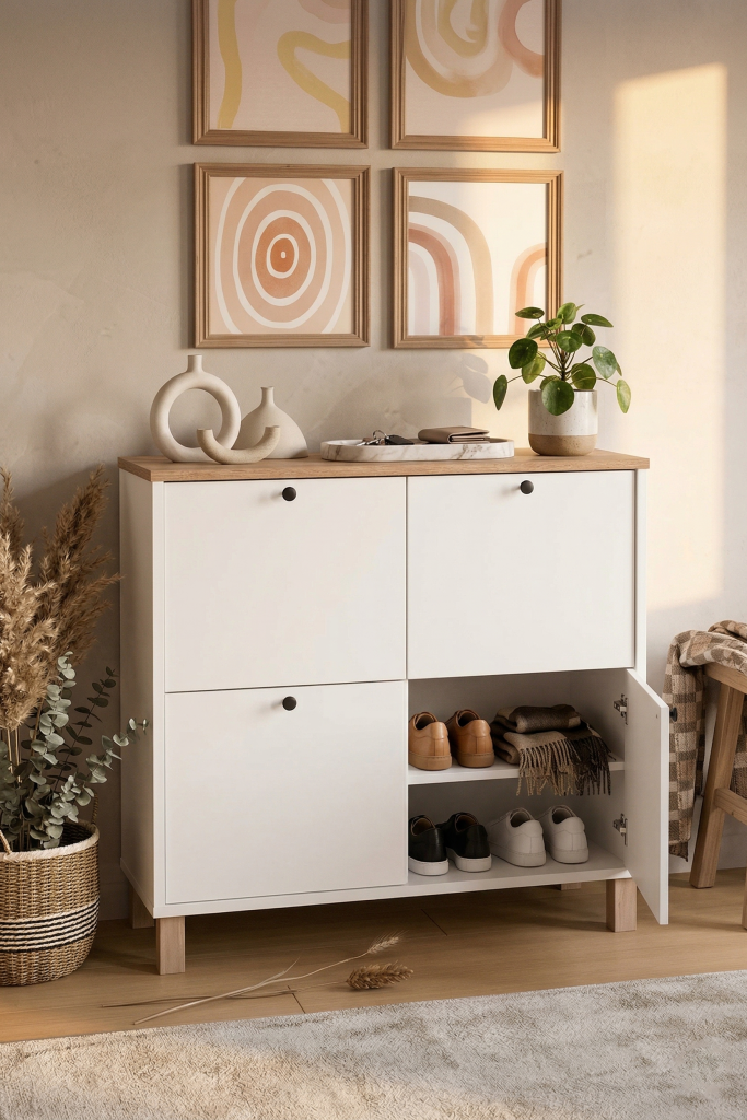 Nord Ayakkabılık Çok Amaçlı Dolap 4 Kapaklı Ahşap Ayaklı Sepet-Beyaz ND1-SW