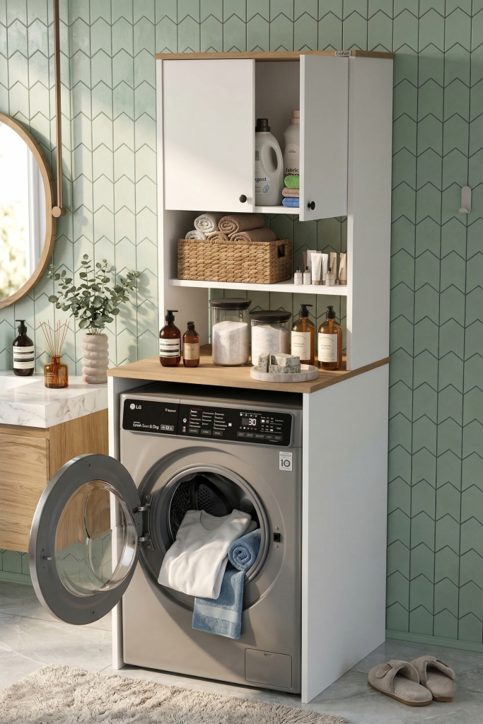 Nord Çamaşır Makinesi Dolabı 2 Kapaklı Raflı Sepet-Beyaz ND11-SW