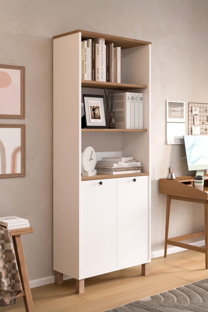 Nord Kitaplık Raf Ahşap Ayaklı 180cm Kapaklı Sepet-Beyaz-Jüt ND13-SW