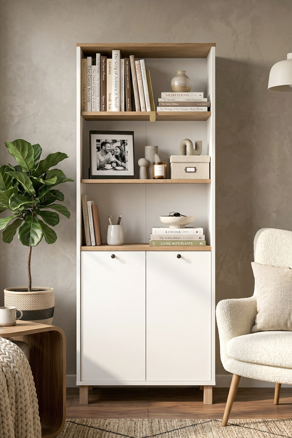 Nord Kitaplık Raf Ahşap Ayaklı 180cm Kapaklı Sepet-Beyaz-Jüt ND13-SW