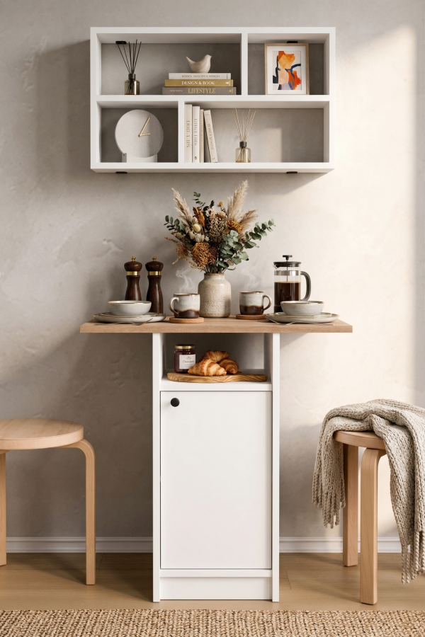 Nord Mutfak Masası Yemek Masası Dolaplı Raflı Sepet-Beyaz ND17-SW