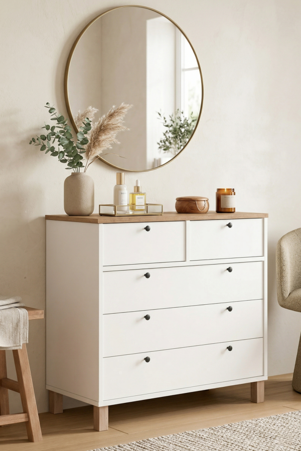 Nord Şifonyer 5 Çekmece Ahşap Ayaklı Sepet-Beyaz ND3-SW