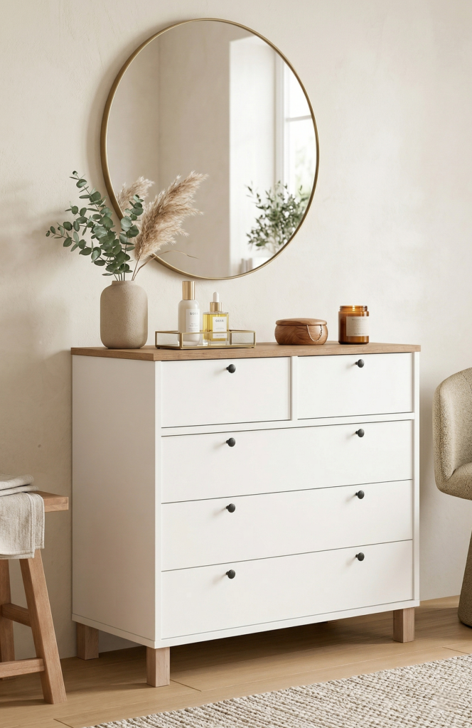 Nord Şifonyer 5 Çekmece Ahşap Ayaklı Sepet-Beyaz ND3-SW