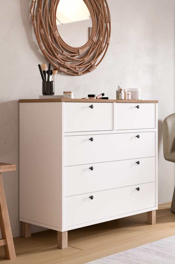 Nord Şifonyer 5 Çekmece Ahşap Ayaklı Sepet-Beyaz ND3-SW