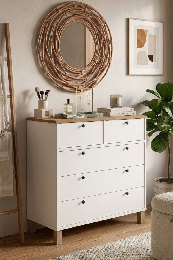 Nord Şifonyer 5 Çekmece Ahşap Ayaklı Sepet-Beyaz ND3-SW