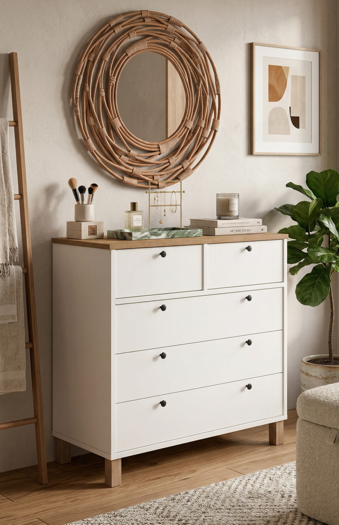 Nord Şifonyer 5 Çekmece Ahşap Ayaklı Sepet-Beyaz ND3-SW