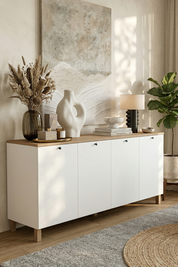 Nord Konsol 4 Kapaklı Ahşap Ayaklı 180cm Sepet-Beyaz ND4-SW