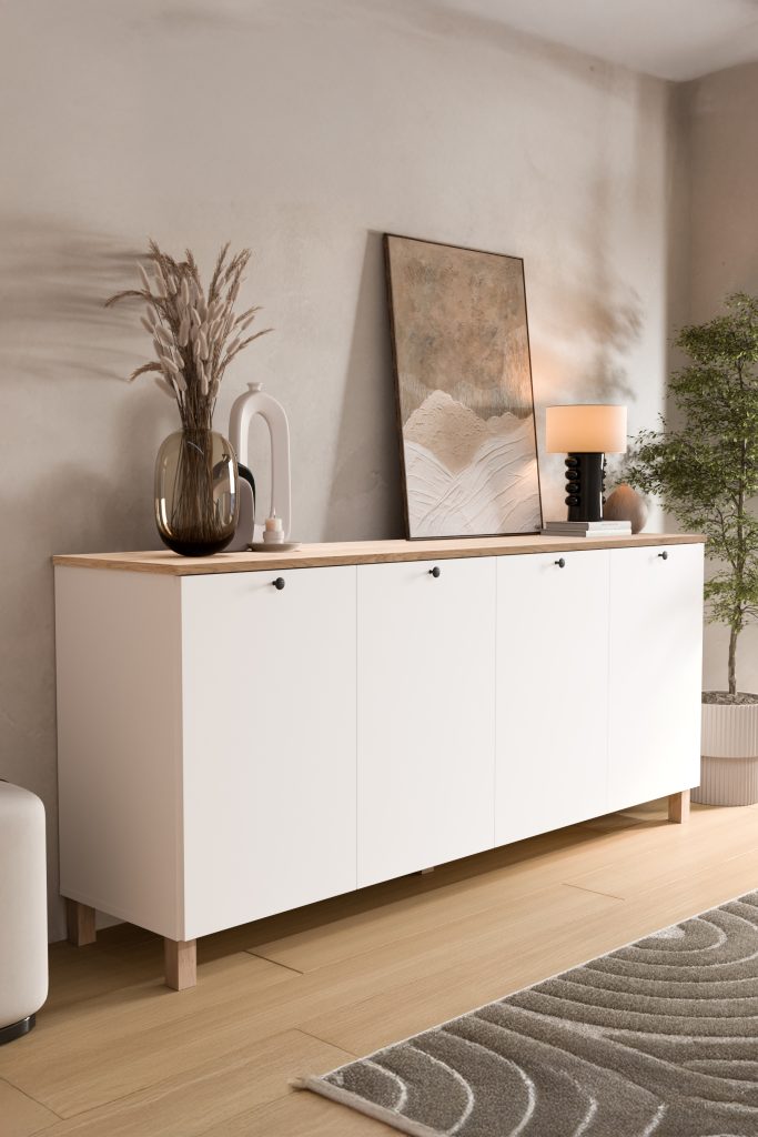 Nord Konsol 4 Kapaklı Ahşap Ayaklı 180cm Sepet-Beyaz ND4-SW