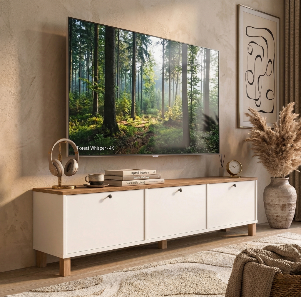 Nord Tv Ünitesi Sehpası 3 Kapaklı Ahşap Ayaklı 180cm Sepet-Beyaz ND6-SW