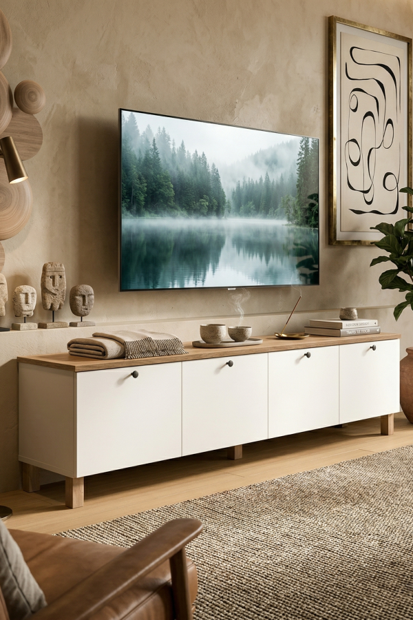 Nord Tv Ünitesi Sehpası 4 Kapaklı Ahşap Ayaklı 180cm Sepet-Beyaz ND7-SW