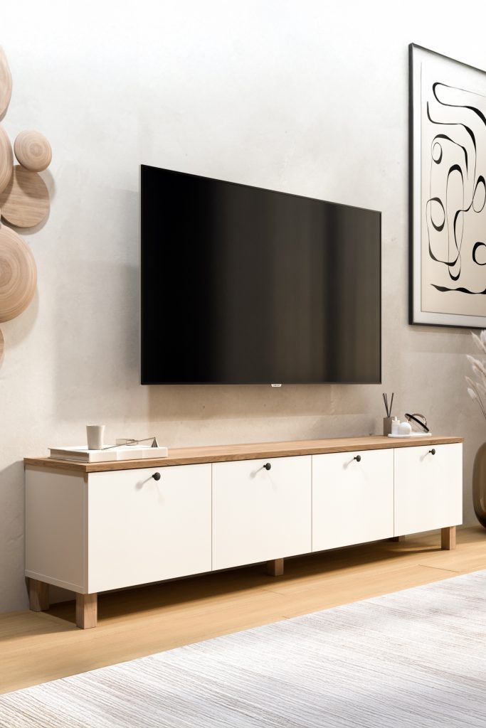 Nord Tv Ünitesi Sehpası 4 Kapaklı Ahşap Ayaklı 180cm Sepet-Beyaz ND7-SW