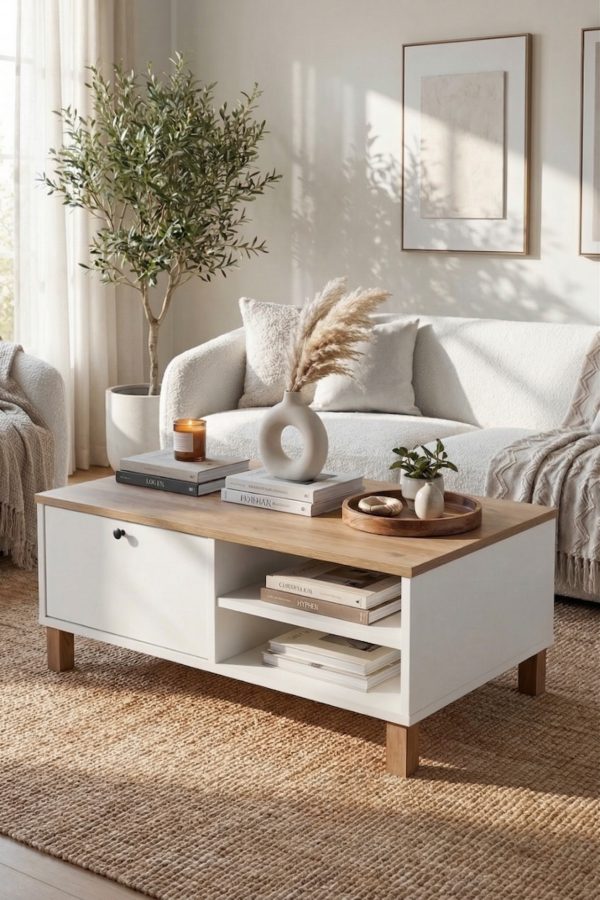 Nord Orta Sehpa Ahşap Ayaklı Kapaklı Sepet-Beyaz ND8-SW