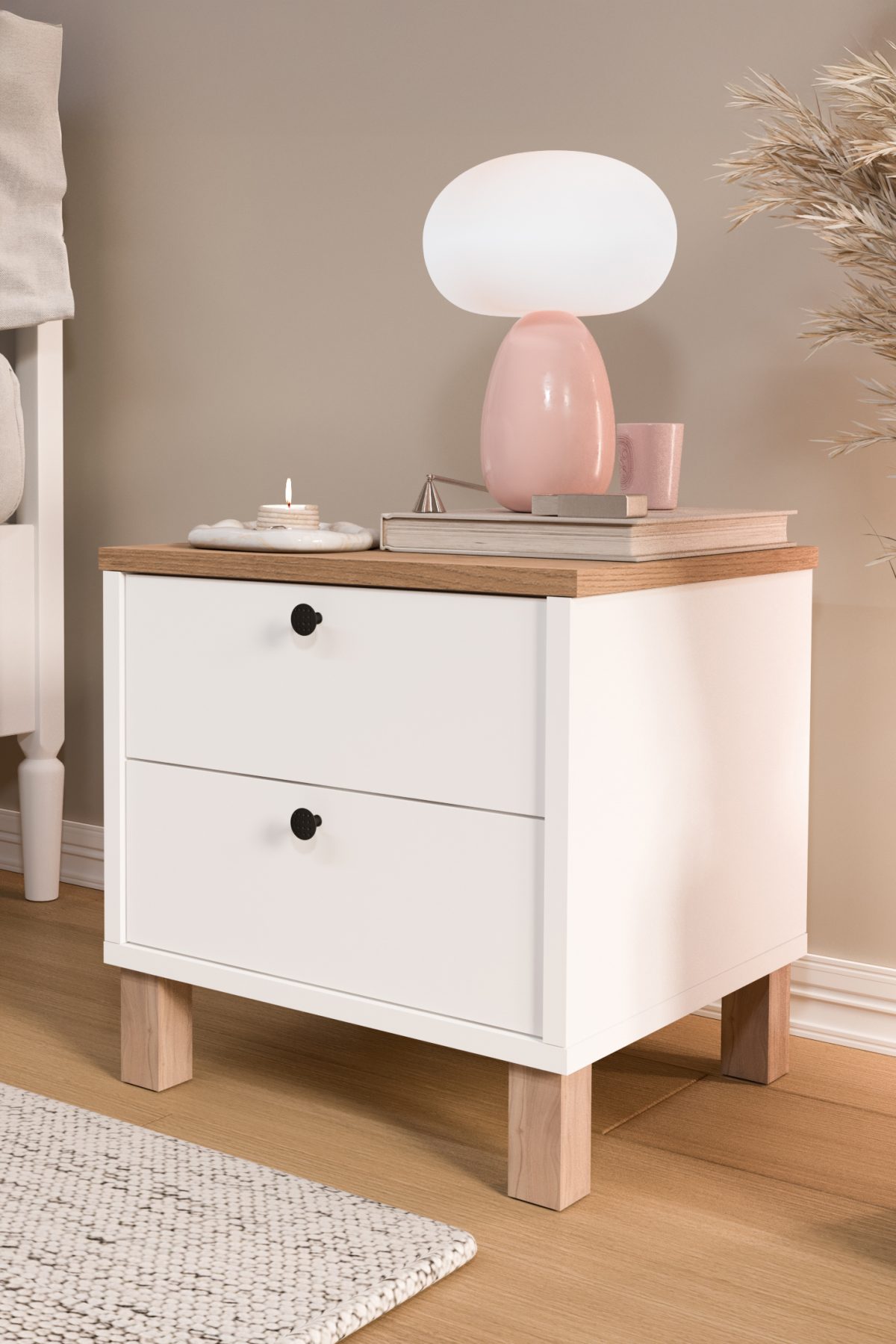 Nord Komodin 2 Çekmeceli Ahşap Ayaklı Sepet-Beyaz ND9-SW