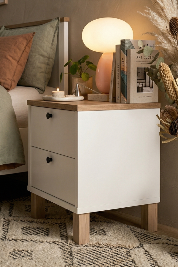 Nord Komodin 2 Çekmeceli Ahşap Ayaklı Sepet-Beyaz ND9-SW