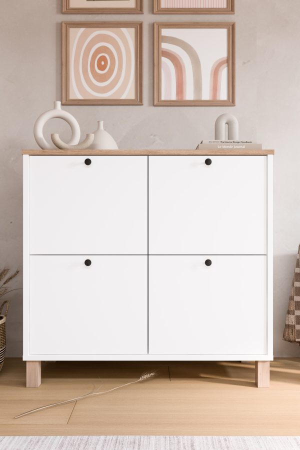 Nord Ayakkabılık Çok Amaçlı Dolap 4 Kapaklı Ahşap Ayaklı Sepet-Beyaz ND1-SW